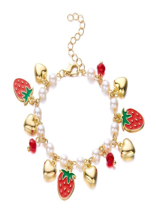 LOTSOF 18K Gold Plated Strawberry Cherry Heart Pearl Bracelet for Women Cute Fruit Adjustable Bracelets Christmas Holiday Birthday Gift Jewelry for Women (Strawberry) - Image 1